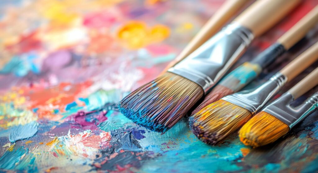 colorful paint palette with assorted brushes arranged artistically on a vibrant background free photo